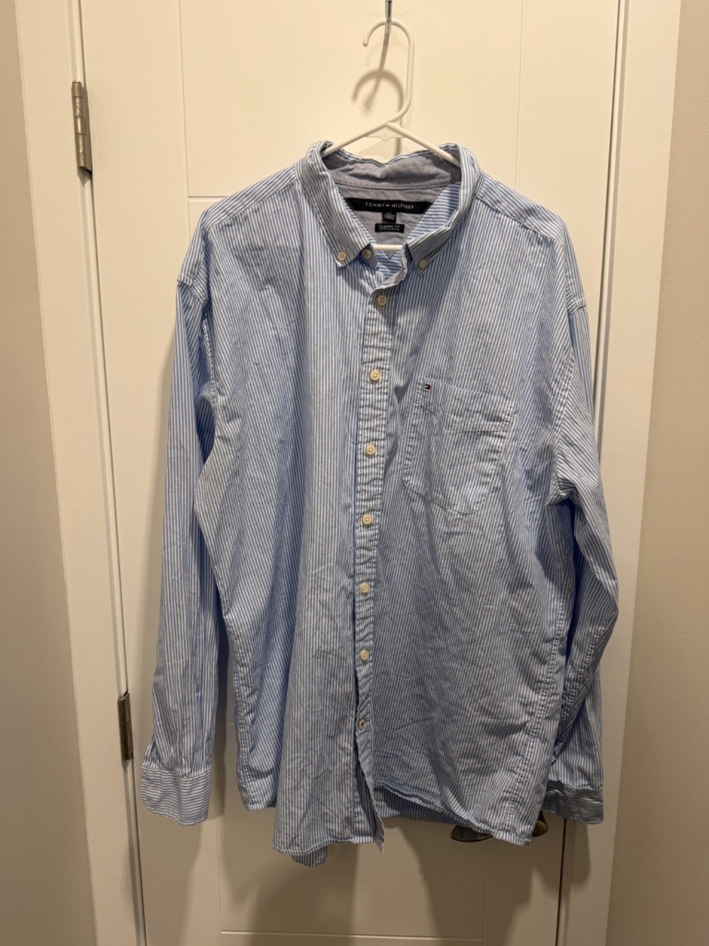 Tommy Hilfiger Light Blue and White Striped Button-Down Shirt
